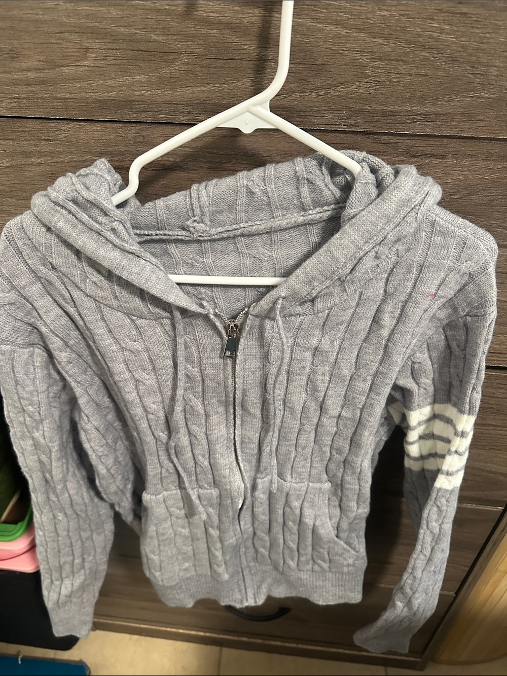 Women's Light Gray Hooded Cable-Knit Zip Cardigan size S